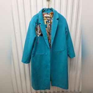 Terra Teal Long Trench Coat with Embroidered Bird Detail